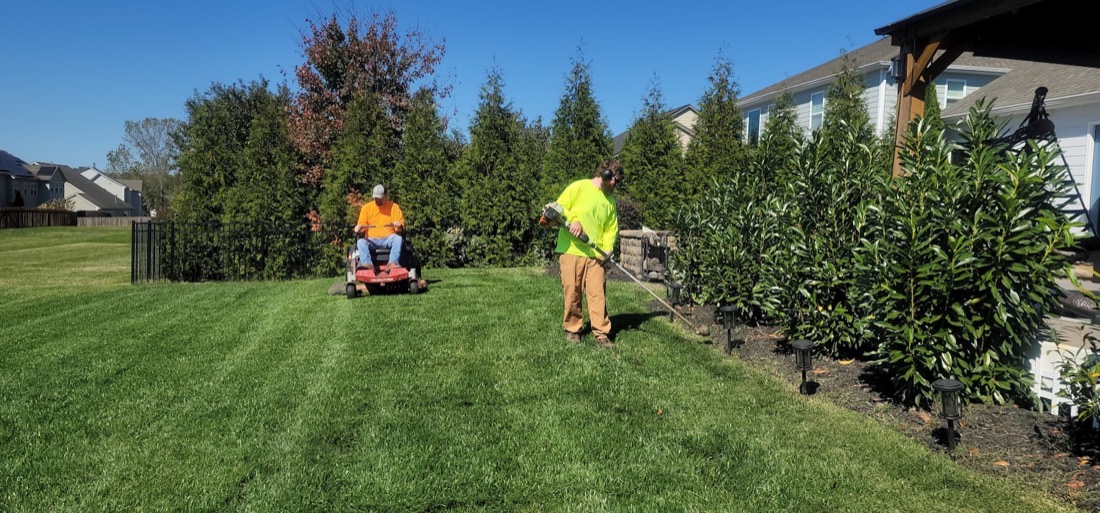 Two-man crew mowing and line trimming a backyard